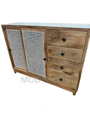 Handcrafted Wooden Cabinet with Rattan Mesh Sliding Door