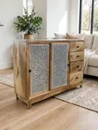 Handcrafted Wooden Cabinet with Rattan Mesh Sliding Door - 3