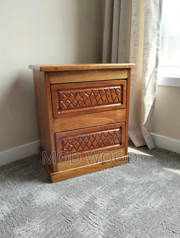 Handcrafted Wooden Nightstand with Lattice Carvings - 1