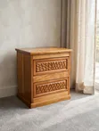 Handcrafted Wooden Nightstand with Lattice Carvings - 2