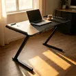 Z-Shaped Gaming Desk with LED Lights - Carbon Fiber Style - 3