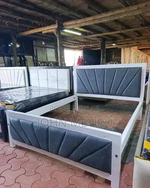White Bed Frame with Gray Material 5x6
