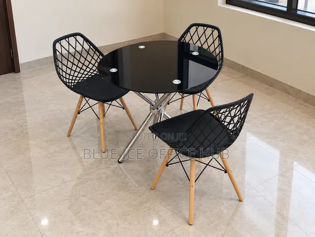 Black Round Dining Table with 3 Chairs - 1