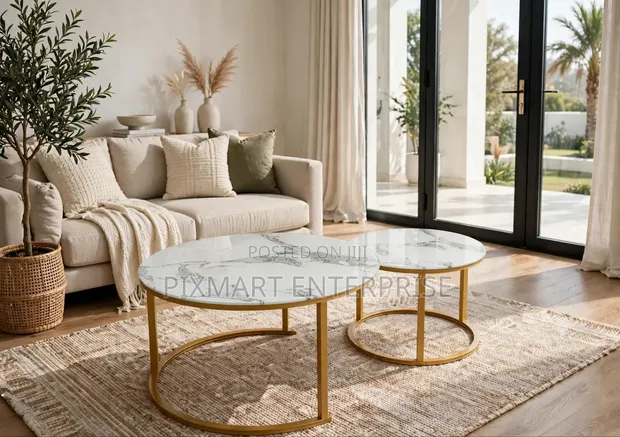 2-Piece Round Coffee Table Set - White Marble Top, Gold Legs - 1