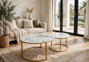 2-Piece Round Coffee Table Set - White Marble Top, Gold Legs