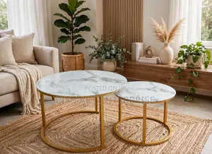 Round Marble Effect Coffee Tables with Gold Metal Base (2 Pcs)