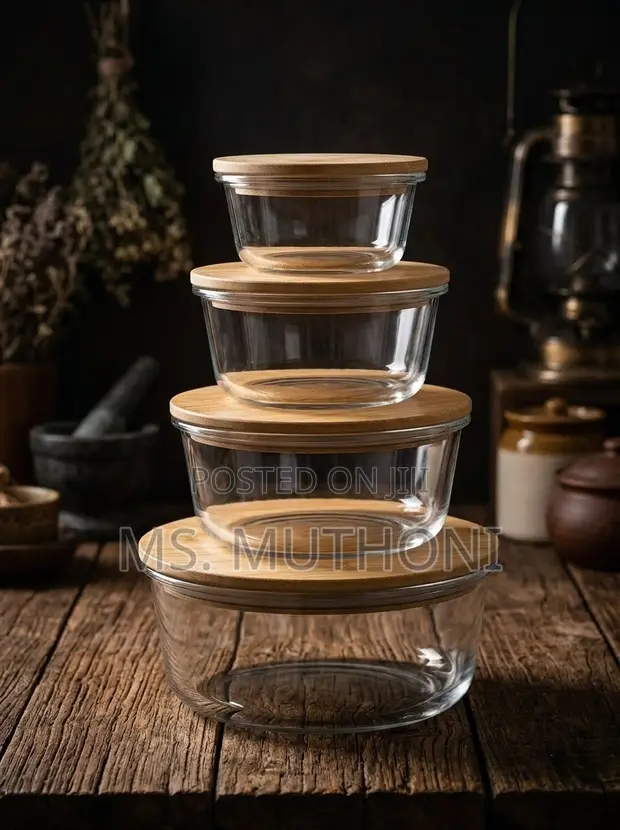4pcs Round Glass Meal Prep Containers with Bamboo Lids - 1