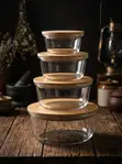 4pcs Round Glass Meal Prep Containers with Bamboo Lids - 1