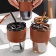Slub Glass Smoothie Cup na Majani & Jalada la Ngozi - 1