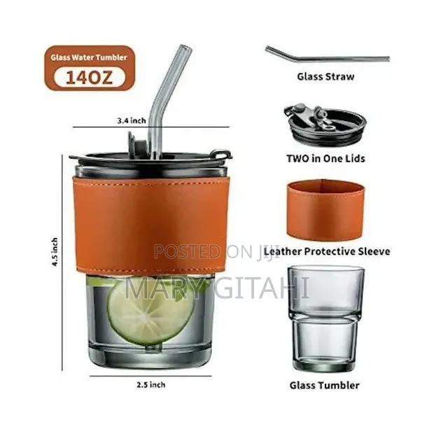 Kikombe cha Smoothie cha Kioo cha Slub chenye Majani na Jalada la Ngozi - 1
