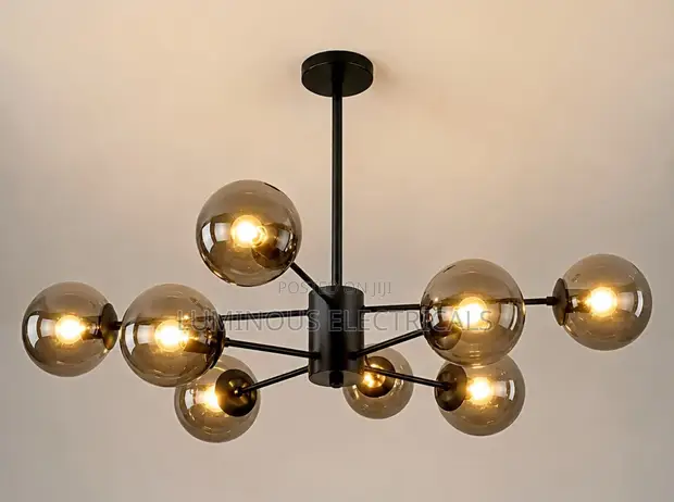 Modern 8-Light Black Chandelier with Smoky Glass Globes - 1