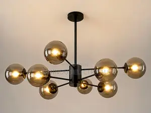 Chandelier Nyeusi ya Kisasa ya Nuru 8 na Globu za Kioo cha Moshi