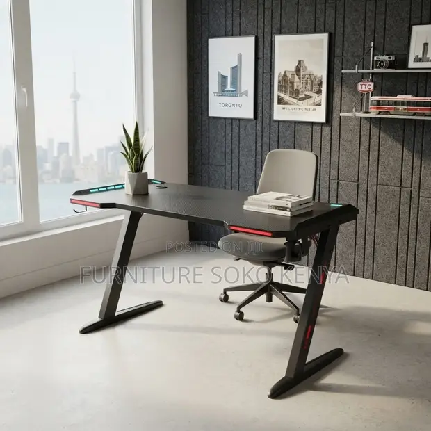 Modern Straight Gaming Desk - Nyeusi - 1