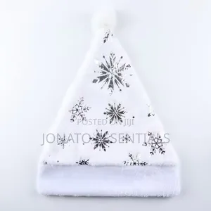 Plush White Christmas Santa Hat with Silver Snowflake