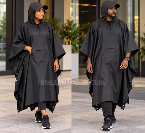 Imported Unisex Adult Rain Poncho with Cap - Black - 1