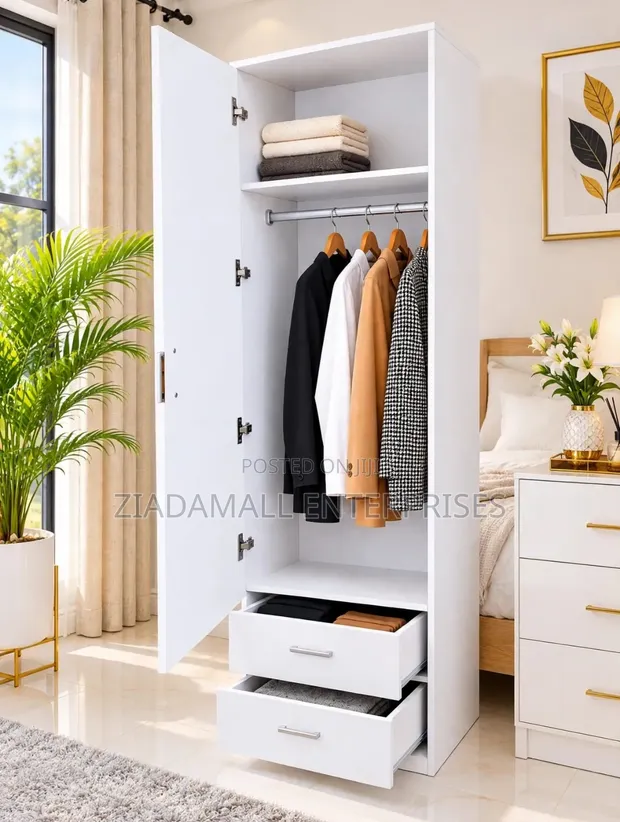 Modern White Wardrobe - 1 Door, 2 Drawers, Hanger - 1