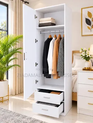 Modern White Wardrobe - 1 Door, 2 Drawers, Hanger