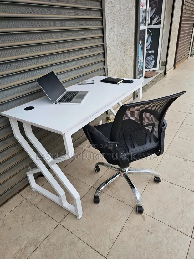 Modern White Office Desk With Black Ergonomic Mesh Chair - 1