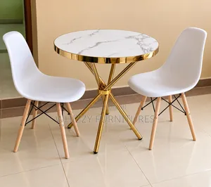Round Marble-Effect Dining Table with 2 White Chairs