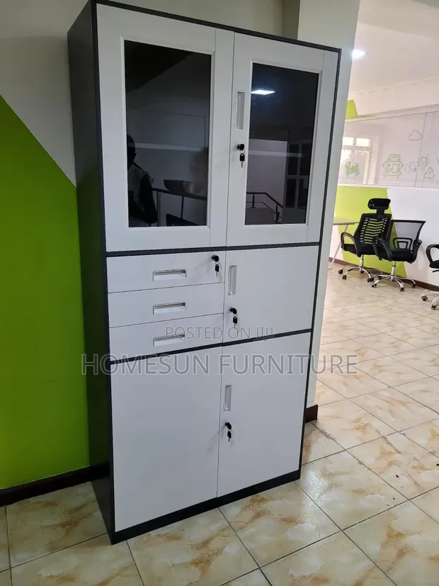 Office Cabinet White & Black with Glass Doors - 1