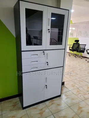 Office Cabinet White & Black with Glass Doors