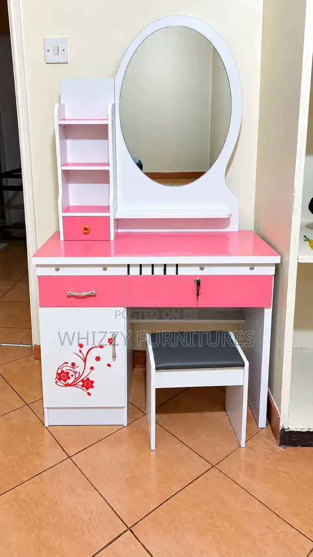 Pink and White Dressing Table with Mirror and Stool - 1
