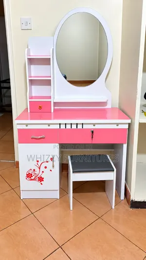 Jedwali la Vipodozi La Pink na White Lenye Kioo na Stuli