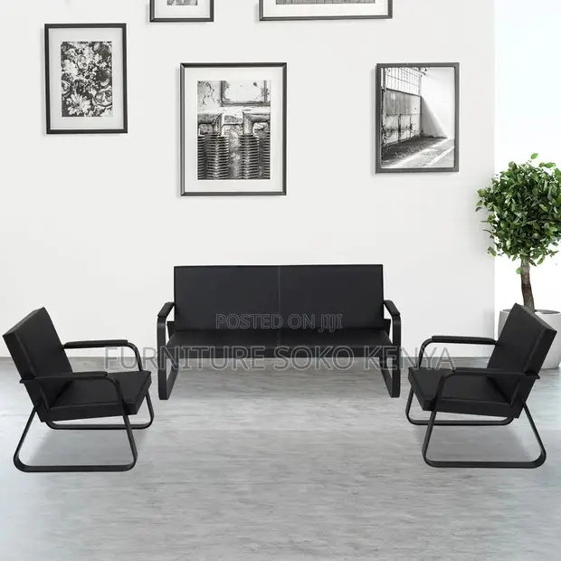 Executive 5-Seater Reception Sofa - Black Faux Leather - 1