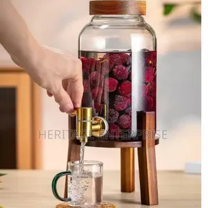 Beverage Dispenser, 5L Glass with Wooden Stand