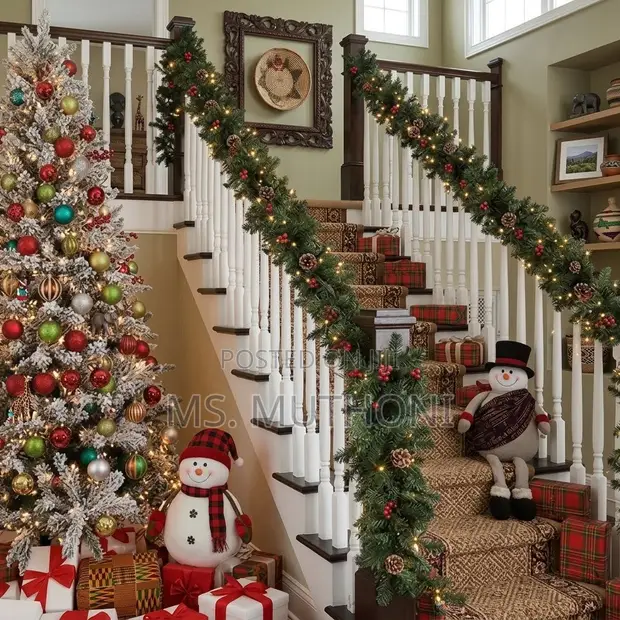 2.7M Pre-Lit Staircase Garland with Red Berries - 1