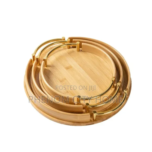 3pc Bamboo Decor & Serving Trays with Gold Handles - 1