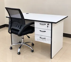 White Office Desk with Lockable Drawers and Mesh Chair