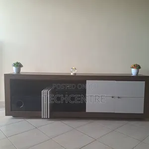 71-Inch White and Walnut TV Stand with Wheels