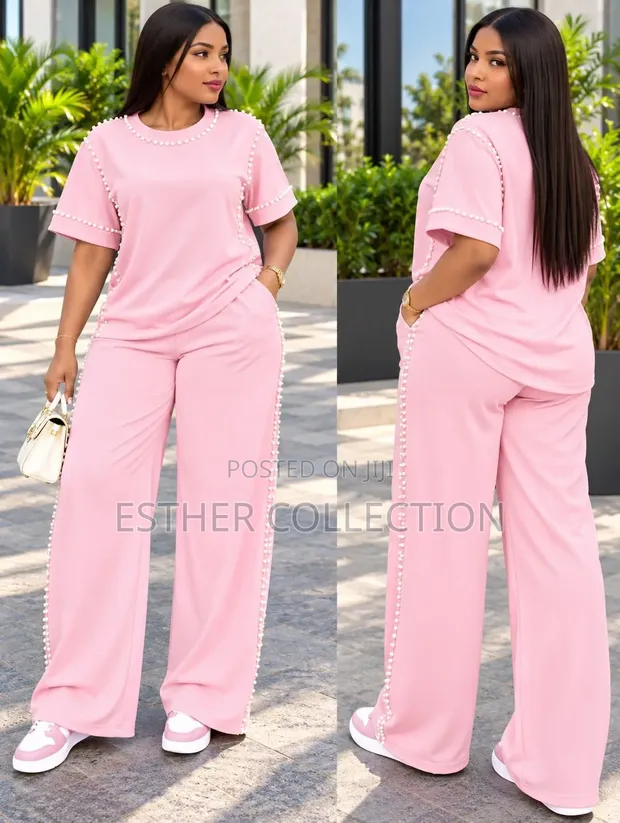 Pearl Embellished 2-Piece Wide Leg Pants Set - 1