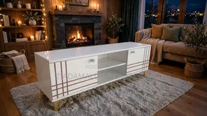Sydney 4ft TV Stand - Nyeupe Glossy, Miguu ya Dhahabu