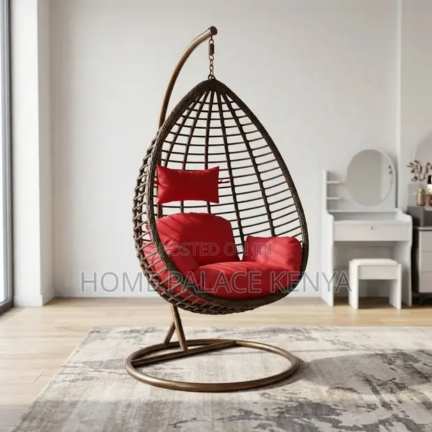 Egg-Shaped Rattan Swinging Chair - Red - 1