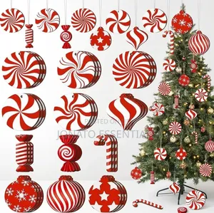12Pcs Wooden Christmas Tree Ornaments - Red & White Candy Baubles
