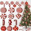 12Pcs Wooden Christmas Tree Ornaments - Red & White Candy Baubles - 1