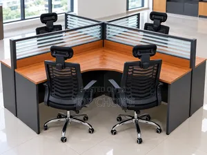 Modern 4-Way Office Workstation with 4 Ergonomic Chairs