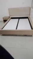 Beige Upholstered Platform Bed with Bedside Table - 1