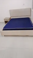 Beige Upholstered Platform Bed with Bedside Table - 2
