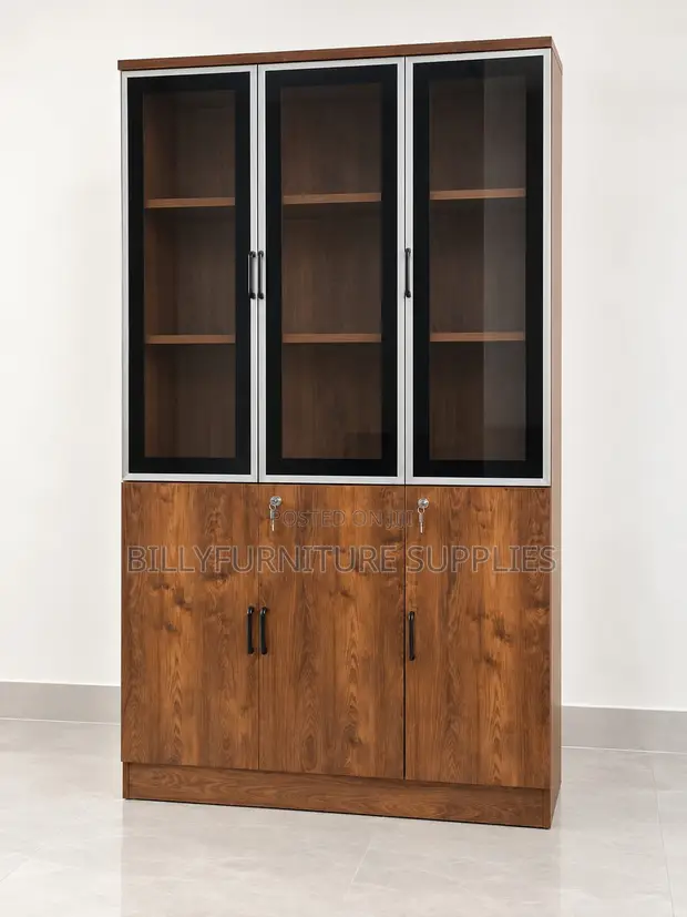 Modern 3-Door Wooden Office File Cabinet with Glass Display - 1