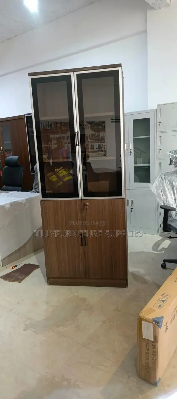 Modern 2-Door Wooden Office File Cabinet With Glass Display Shelves - 1