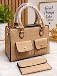 Elegant Beige Woven Handbag with Matching Wallet - 2