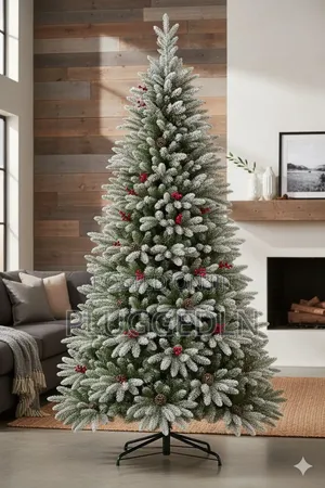 Mti wa Krismasi wa M Pine wa 7ft Uliofunikwa theluji na Vitufe & Berries