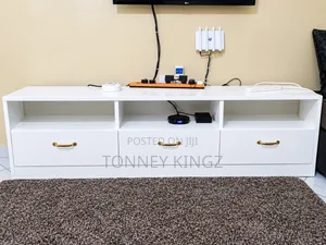 7 Ft Long White Wood TV Stand with Drawers & Shelves