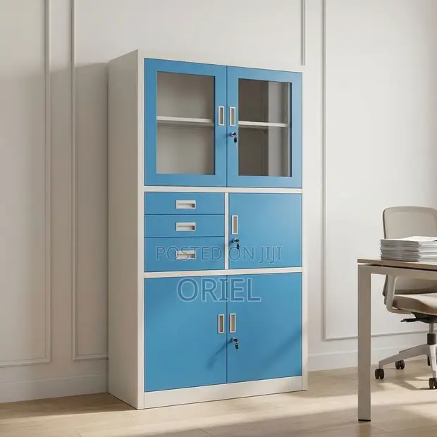 Blue Lockable Office Cabinet - Two-Door File & Storage Cupboard - 1