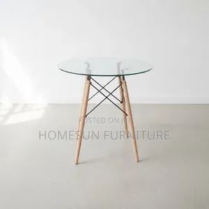 Round Glass Top Dining Table with Wooden Legs