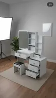 White Dressing Table with Mirror and Storage Drawers - 1