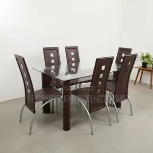Meza ya Chakula cha Jioni na Kioo na Viti 6 vya Kahawia